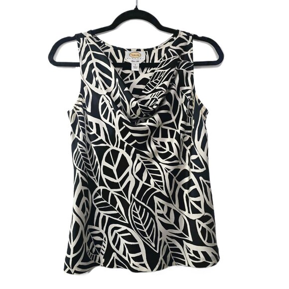 Talbots Vintage Pure Silk Cowl Neck Black White Leaf Print Sleeveless Blouse 6 - Picture 2 of 12